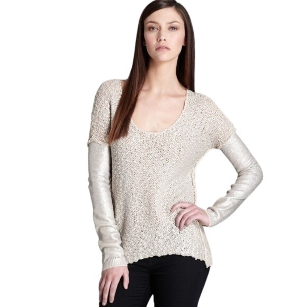 Rebecca Taylor Womens Earthy Coastal Metallic Heavy Sweater M Tan Knit Scoop